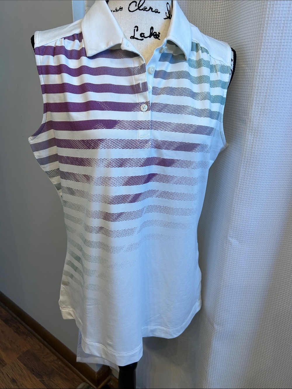 Nike Golf  NWT White Sleeveless Polo Tank with Purple and Teal Stripes LARGE